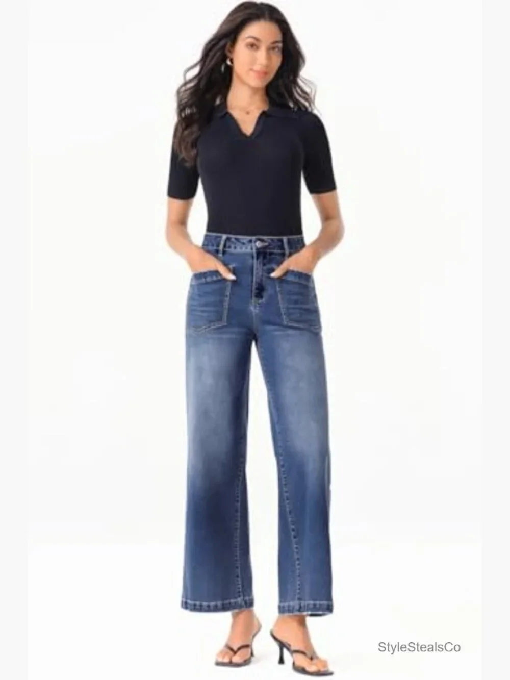 High Waisted Wide Leg Jeans Stretchy Straight Fit Ankle Length Denim Pants - Picture 5 of 7
